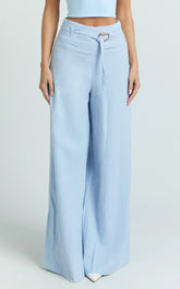Kyra Pants - Linen Look Belted Wide Leg Pants in Blue